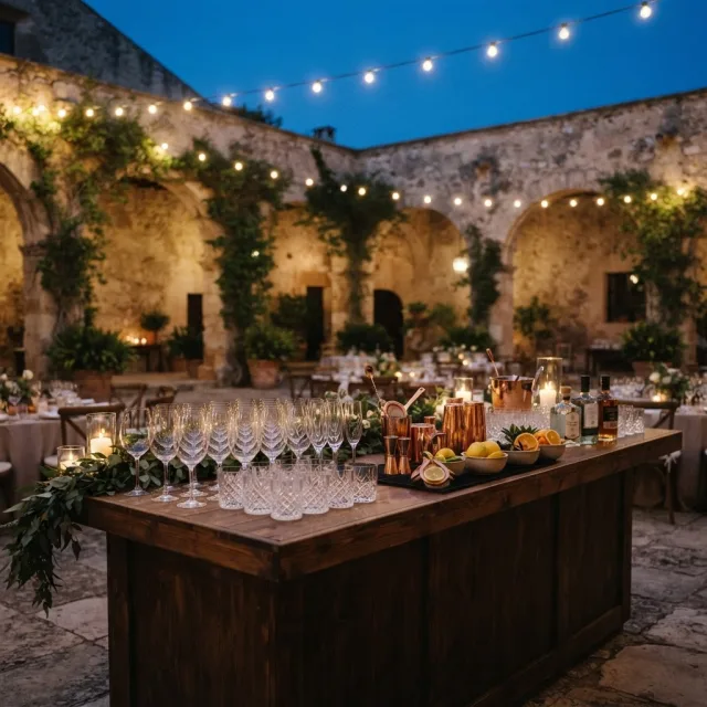 Barra de madera oscura en un patio rústico al anochecer, decorada con copas de cristal, cítricos y guirnaldas de luces cálidas.