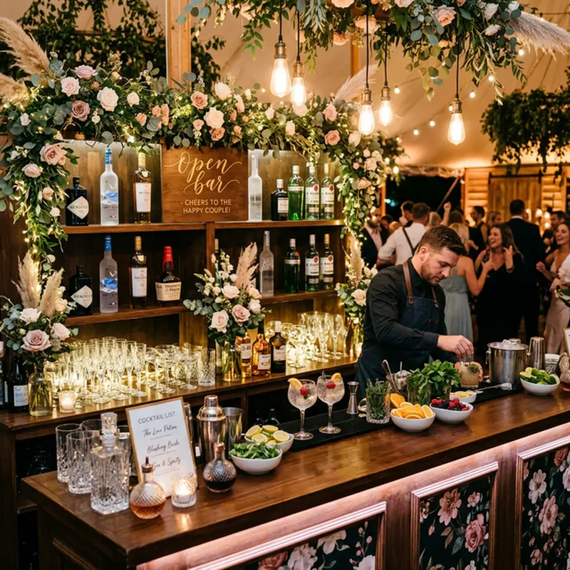 Barra libre elegante de boda iluminada con botellas premium y cócteles preparados