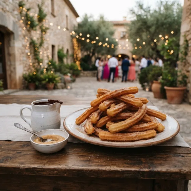 Bodegón de churros recién hechos y una jarrita de chocolate caliente sobre una mesa de madera en un patio al atardecer.