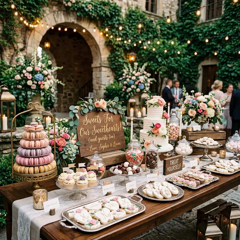 Candy bar de boda con tarros de cristal, macarons, cupcakes y decoración floral en tonos pastel