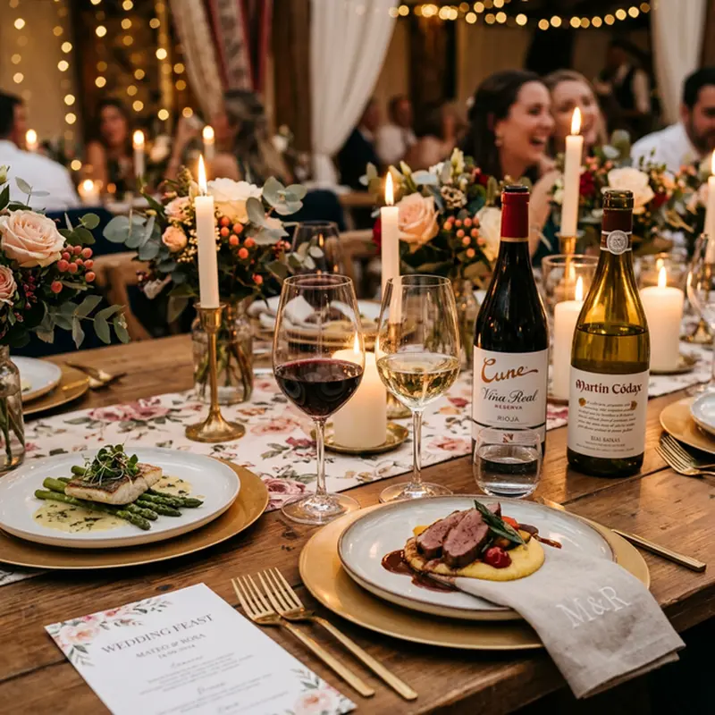 Copas de vino tinto, blanco y cava sobre mesa de boda elegante