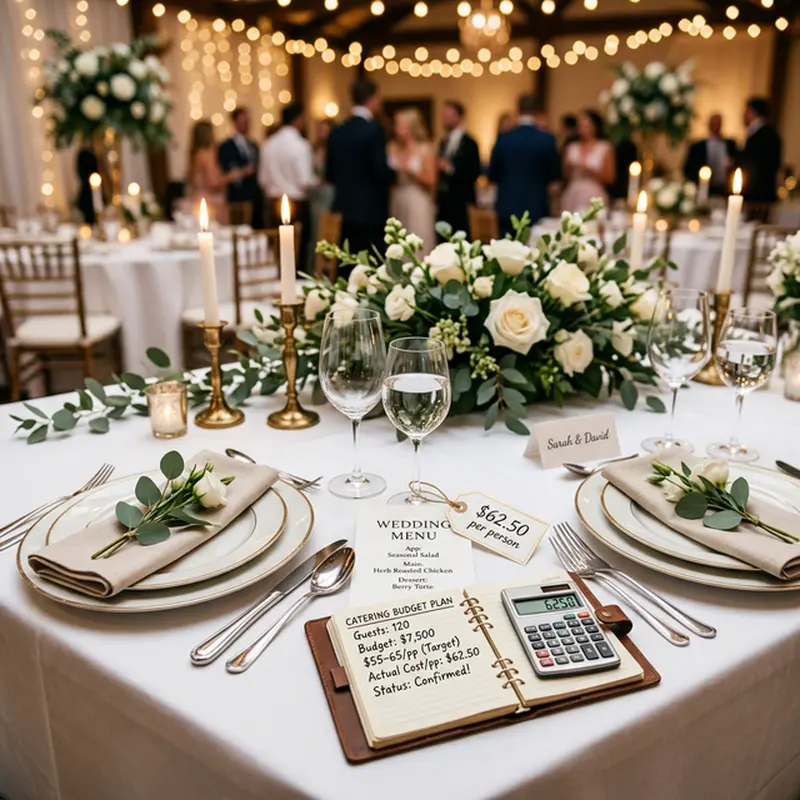 Planificación de presupuesto de catering con calculadora, menús y facturas sobre mesa de mármol