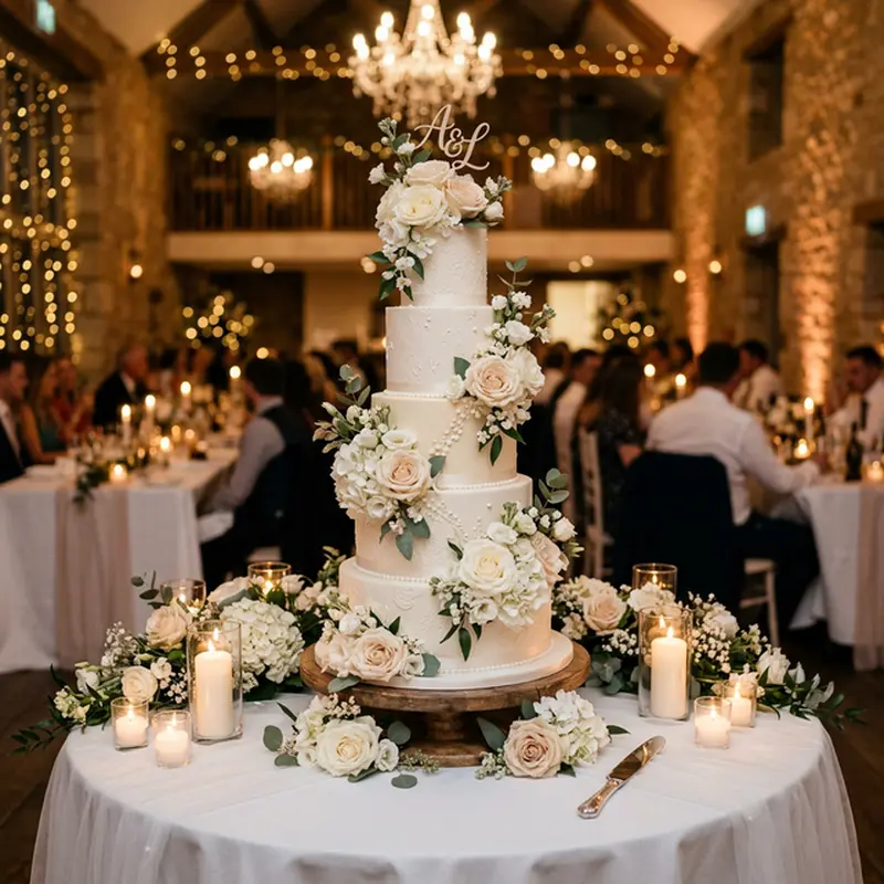 Tarta nupcial minimalista de tres pisos decorada con flores frescas y detalles dorados
