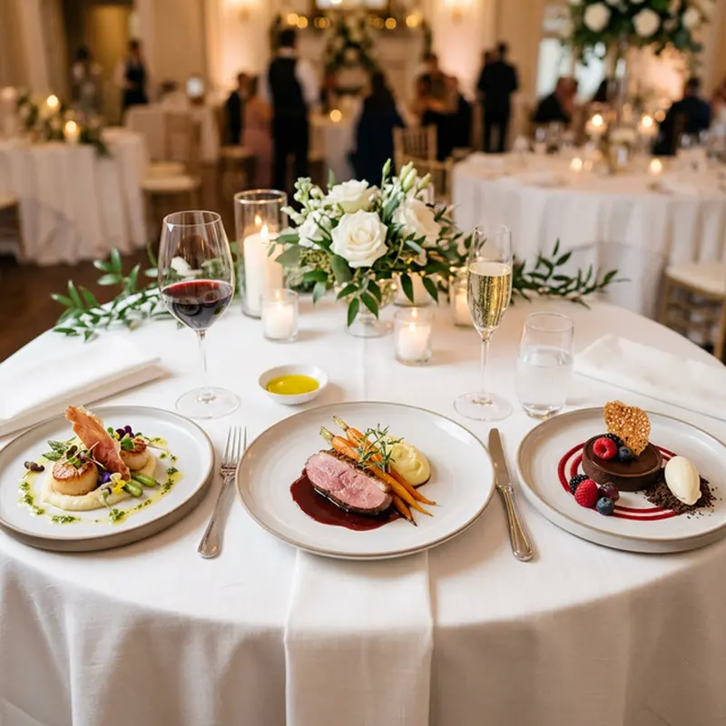 Tres estilos de banquete de boda: mesa sentada formal, buffet rústico y food truck decorado