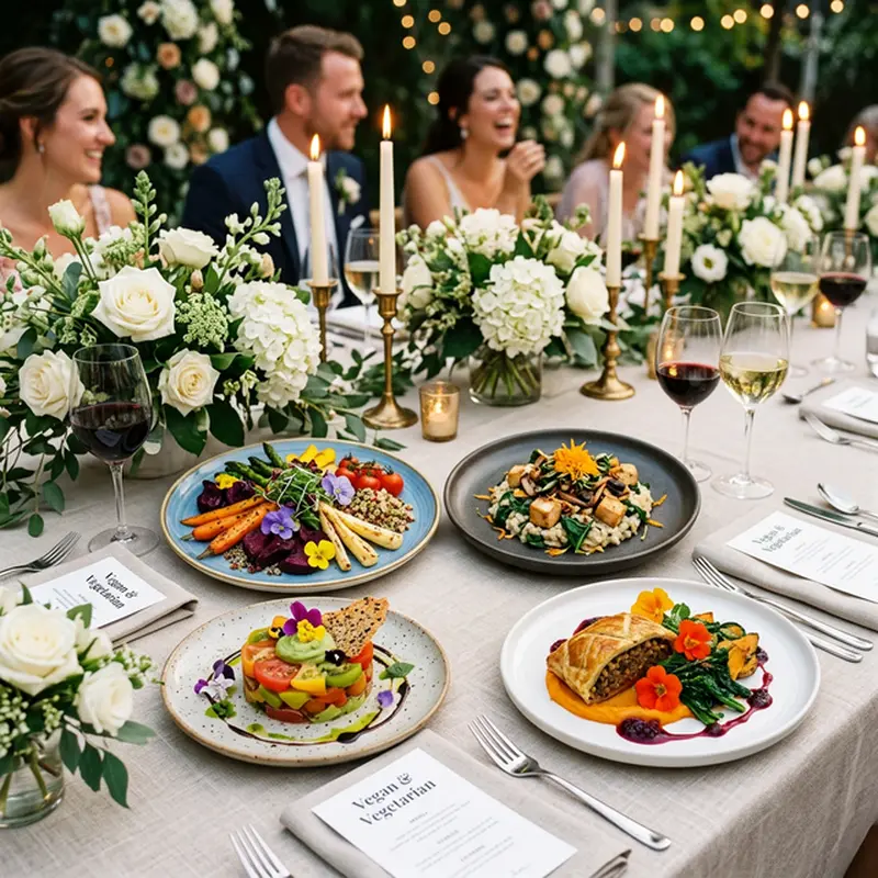 Plato vegano elegante con vegetales coloridos y flores comestibles sobre porcelana fina