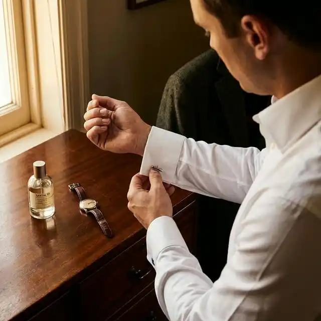 Detalle de novio ajustando gemelos con colonia y reloj sobre mesa de madera