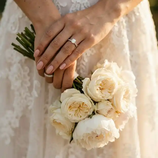Manos de novia con manicura nude rosada sujetando un pequeño ramo de rosas blancas con el anillo de compromiso visible