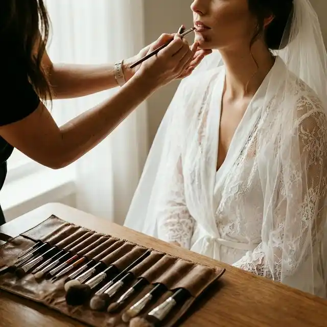Maquilladora profesional aplicando labial a una novia, vista lateral con pinceles y luz natural