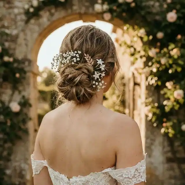 Vista trasera de novia con moño bajo texturizado decorado con pequeñas flores blancas y horquilla dorada