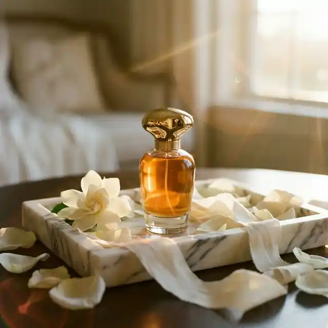 Frasco de perfume elegante sobre bandeja de mármol rodeado de pétalos de flores blancas y cinta de seda