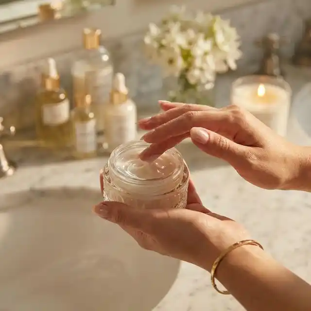 Manos aplicando crema hidratante de un tarro de cristal sobre un tocador con productos de skincare