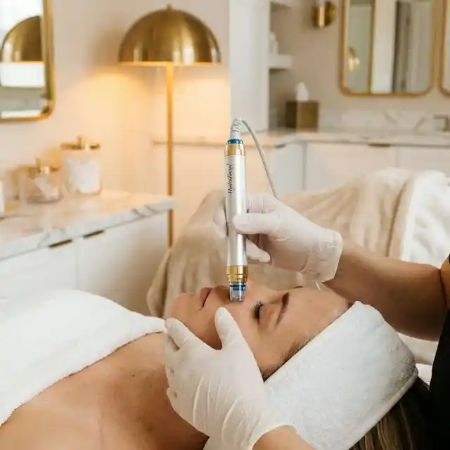 Manos de esteticista con guantes realizando un tratamiento facial suave en cabina profesional