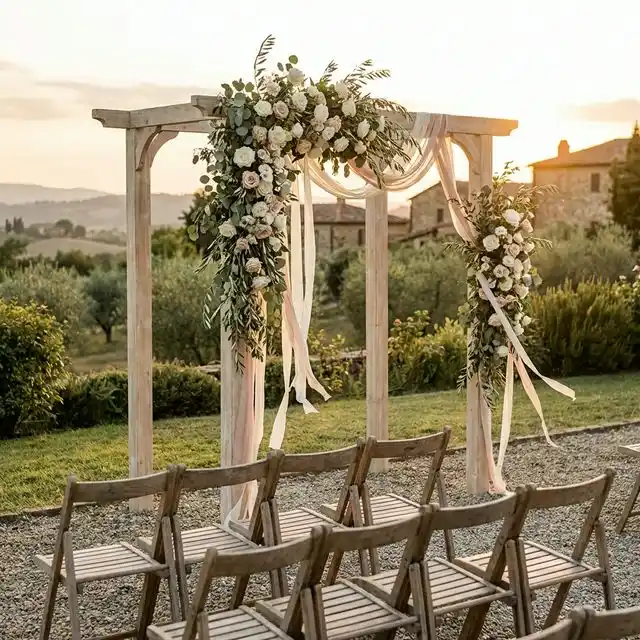 Arco de boda de madera clara decorado con flores blancas y rosa, vegetación y cintas en un jardín mediterráneo