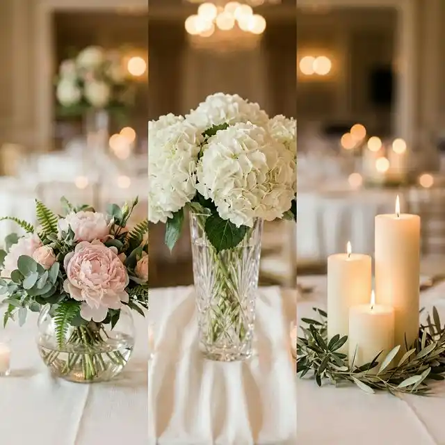 Tres estilos de centros de mesa de boda: floral bajo con peonías, jarrón alto con hortensias y velas con ramas de olivo