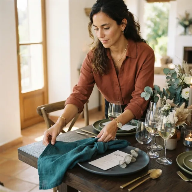 Una decoradora coloca una servilleta de lino azul sobre una mesa de madera oscura con copas elegantes y platos cerámicos.