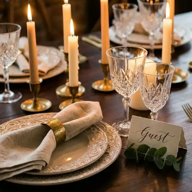 Detalle de mesa de boda elegantemente puesta con servilleta de lino, bajoplato de latón, copas de cristal y marcasitio caligráfico