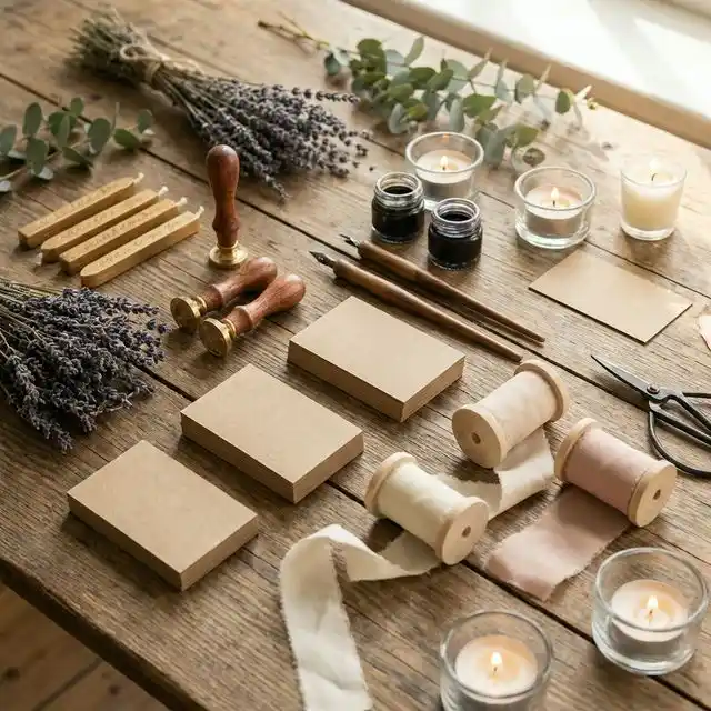 Mesa de trabajo con materiales de decoración DIY para boda: sellos de lacre, flores secas, tarjetas y cintas