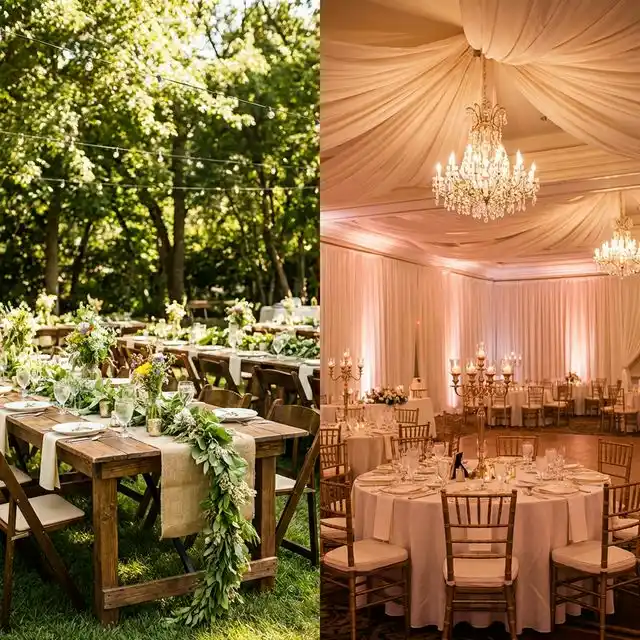 Comparación de decoración de boda exterior en jardín mediterráneo e interior en salón elegante con cortinas y candelabros