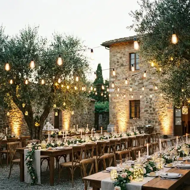Recepción de boda al aire libre al anochecer con guirnaldas de bombillas Edison entre olivos, mesas con velas y uplighting en muros de piedra
