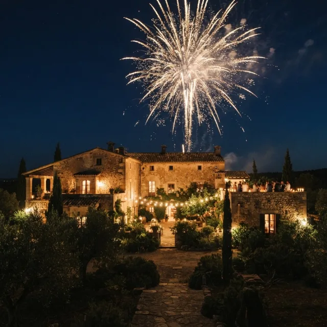Fuegos artificiales dorados estallan sobre una finca de piedra tradicional española durante una boda nocturna bajo un cielo azul oscuro.
