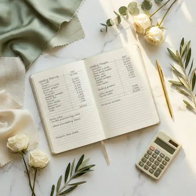 Cuaderno con presupuesto de decoración de boda junto a muestras de flores y telas