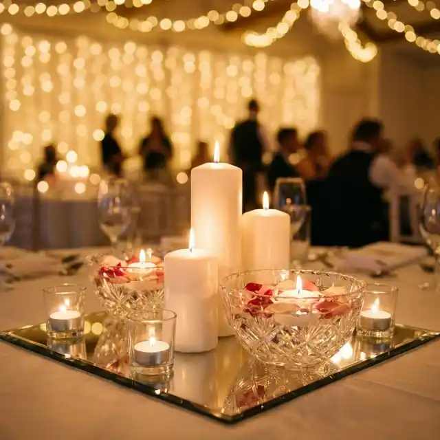 Mesa de boda con velas pillar a distintas alturas, velas flotantes en cuencos de cristal y tea lights sobre espejo