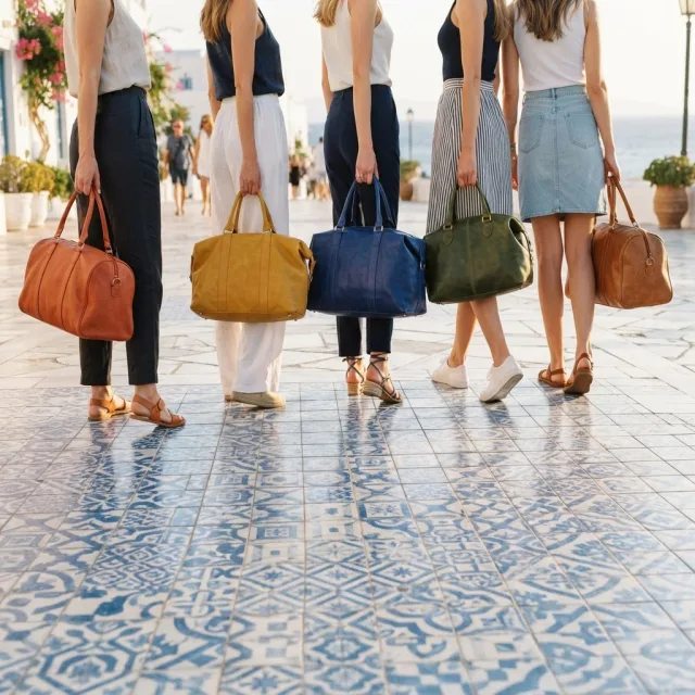 Primer plano de los pies y bolsos de varias amigas caminando sobre un suelo de azulejos azules y blancos bajo el sol.