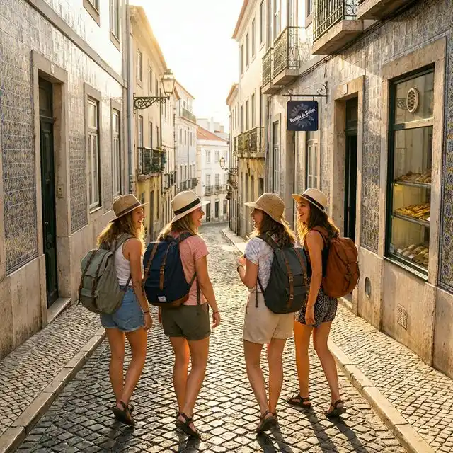 Grupo de amigas paseando por una calle con azulejos típicos de Lisboa al atardecer