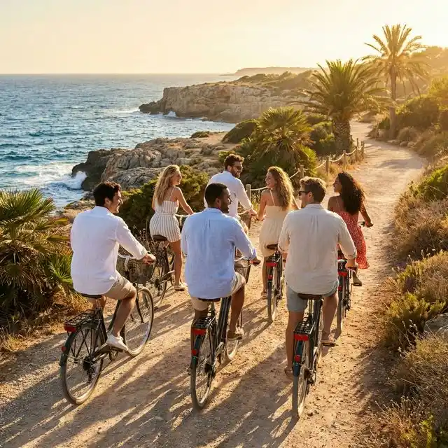 Grupo mixto de amigos en bicicleta por un camino costero de España al atardecer