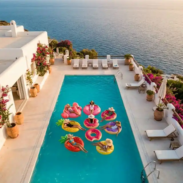 Vista aérea de un grupo de amigas en la piscina de una villa con vistas al Mediterráneo