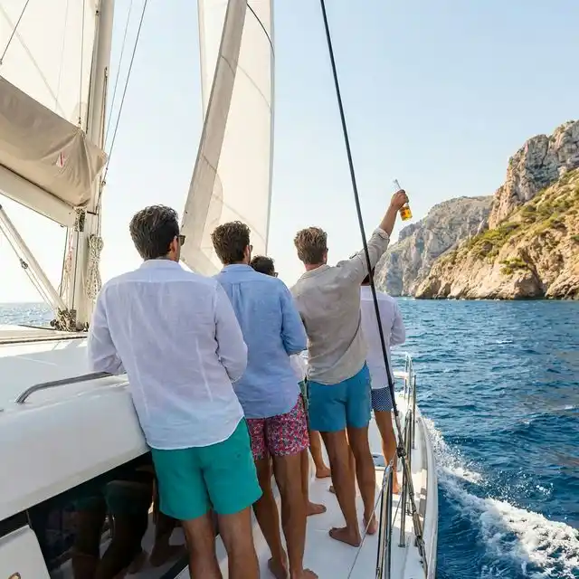 Grupo de amigos en un catamarán navegando por la costa española con velas blancas y mar azul