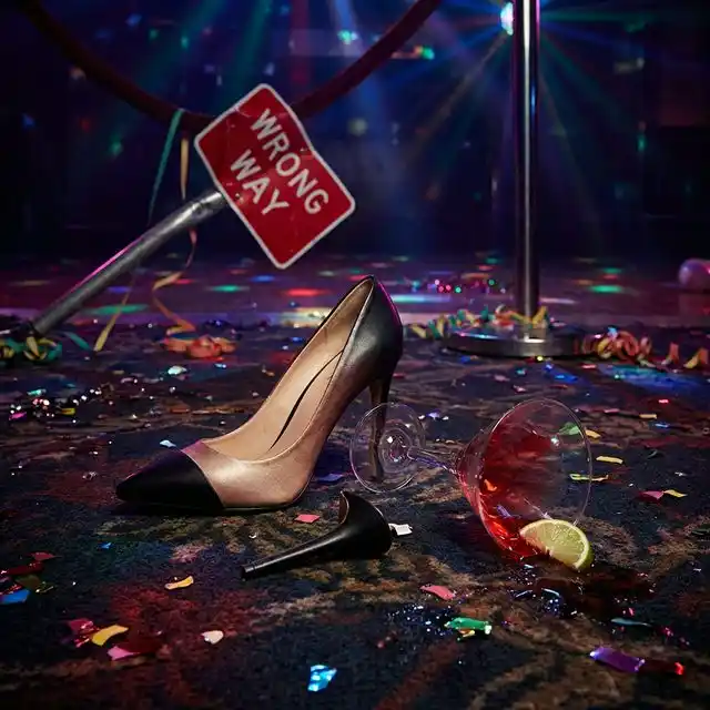 Still life: zapato de tacón roto, copa de cóctel derramada en el suelo de una discoteca con confeti y señal de dirección prohibida