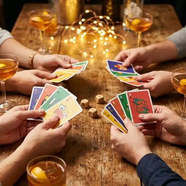 Manos sosteniendo cartas de juego coloridas sobre una mesa rústica con cócteles y luces festivas