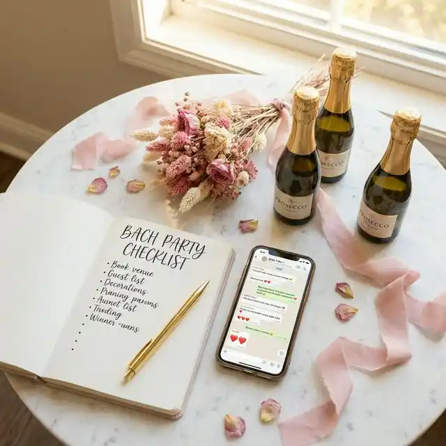 Flat lay de planificación de despedida de soltera con cuaderno, prosecco y flores