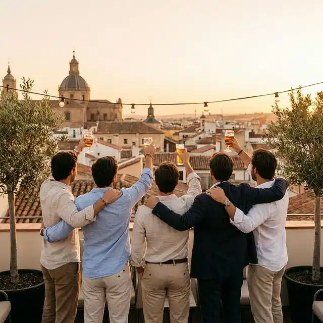Grupo de amigos brindando con cervezas en una terraza al atardecer en una ciudad española