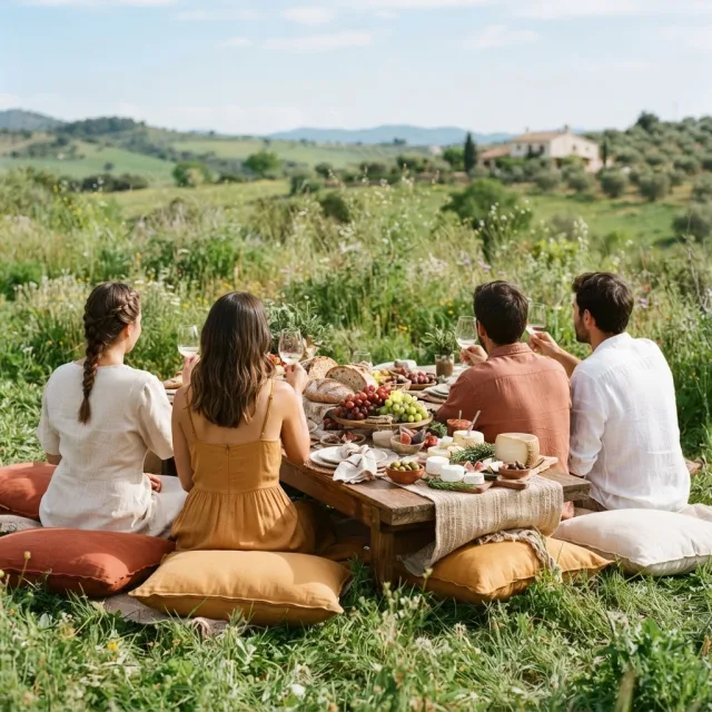 Un grupo de amigos de espaldas disfruta de un picnic elegante en un prado verde con una mesa baja, frutas y cojines en tonos tierra.