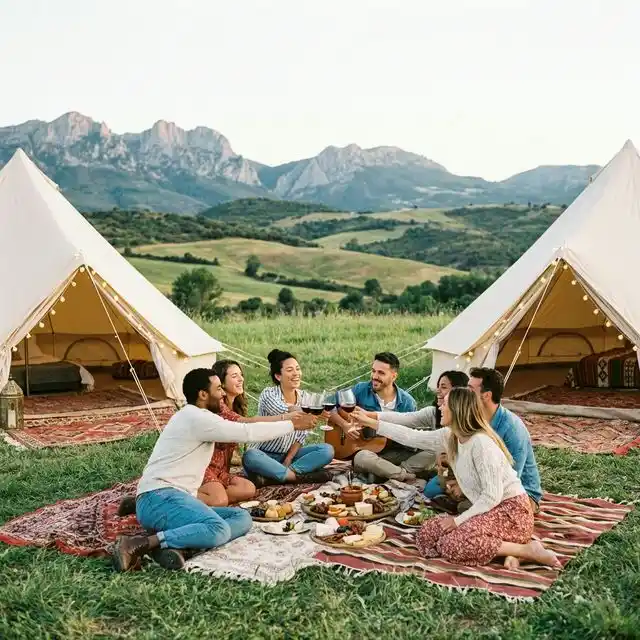 Amigos brindando con vino tinto en un glamping con tiendas de campaña y montañas de fondo