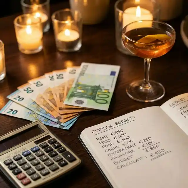 Billetes de euro, calculadora y cuaderno con notas de presupuesto junto a un cóctel