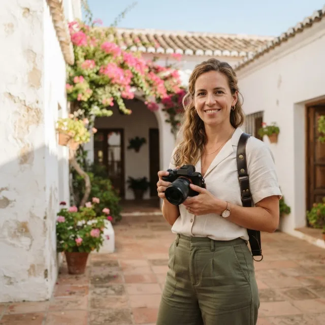 Una fotógrafa profesional con arnés de cuero y cámara en un patio español con buganvillas y luz natural.