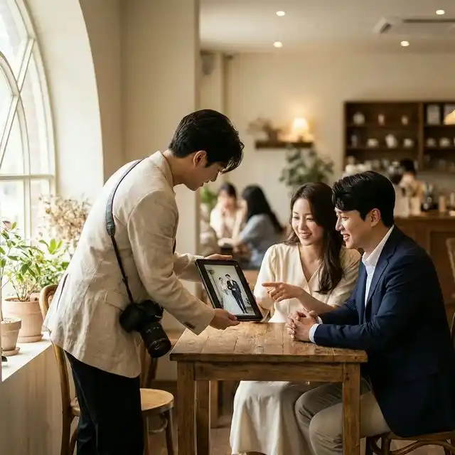 Pareja reunida con un fotógrafo de bodas revisando un portfolio en una tablet