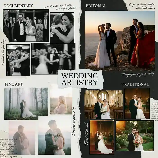 Composición mostrando diferentes estilos de fotografía de boda: documental, editorial y fine art