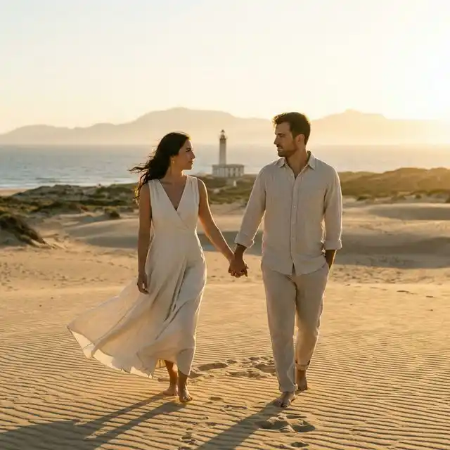 Pareja abrazándose en un campo de olivos durante una sesión de fotos preboda al atardecer