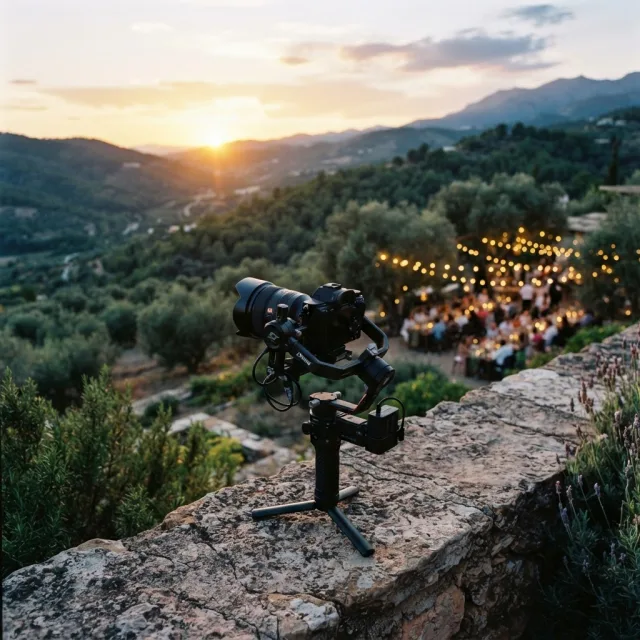 Estabilizador de cámara profesional sobre un muro de piedra frente a un paisaje mediterráneo al atardecer con luces de boda al fondo.