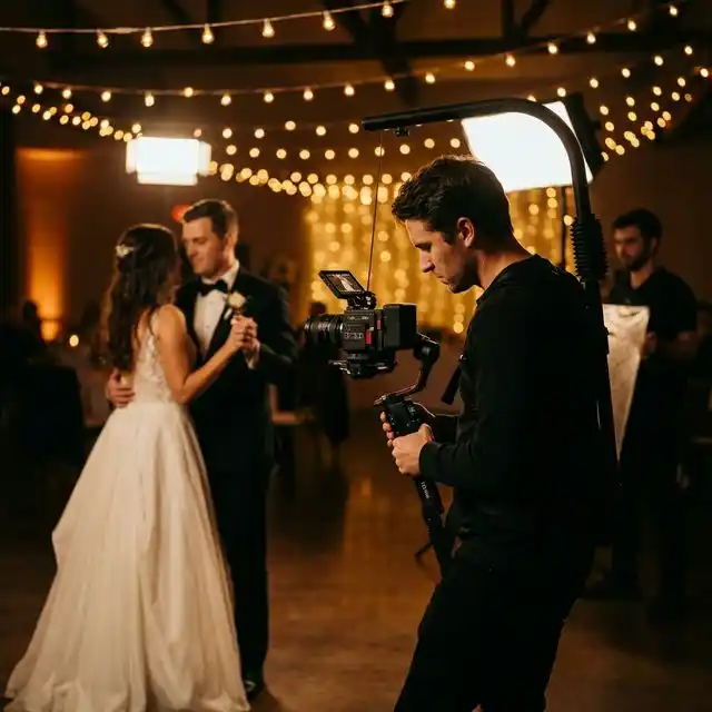 Videógrafo grabando una boda con cámara profesional y estabilizador gimbal