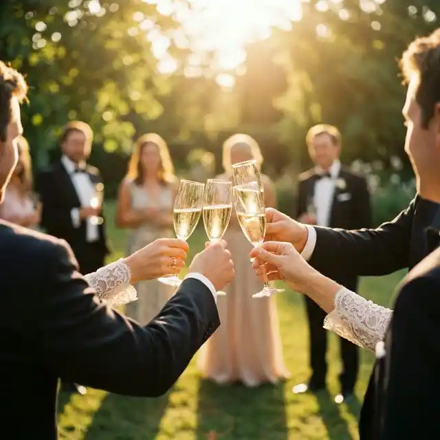 Grupo elegante brindando con copas de champán al atardecer en un jardín de bodas