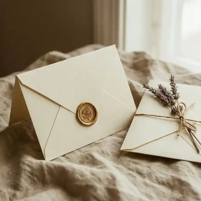 Tarjeta RSVP elegante con sobre lacrado y lavanda seca