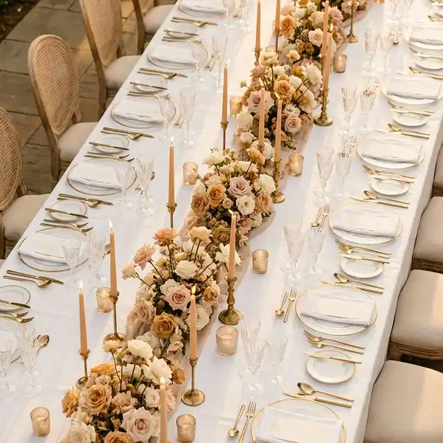 Mesa larga de banquete de boda elegante vista desde arriba con cubertería dorada y flores