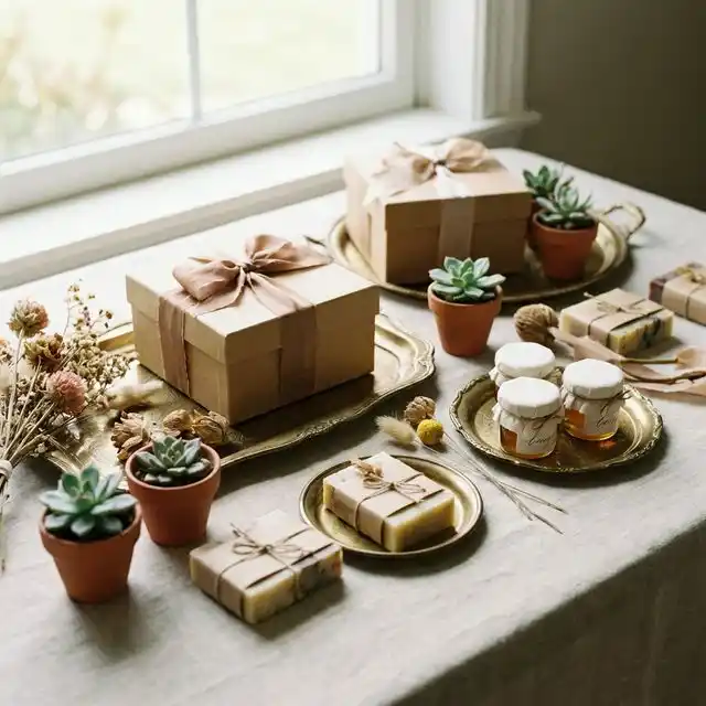 Detalles de boda bonitos: cajitas con lazo, suculentas, jabón artesanal y tarros de miel