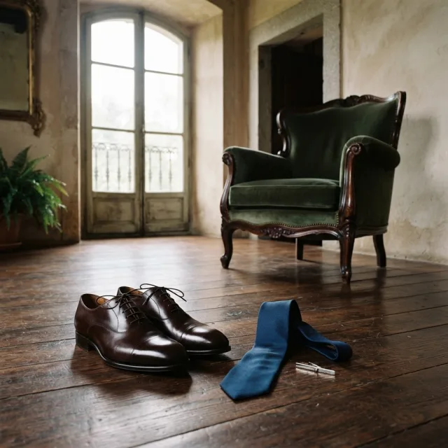 Zapatos de vestir de cuero oscuro y una corbata de seda azul sobre un suelo de madera en una estancia elegante y luminosa.