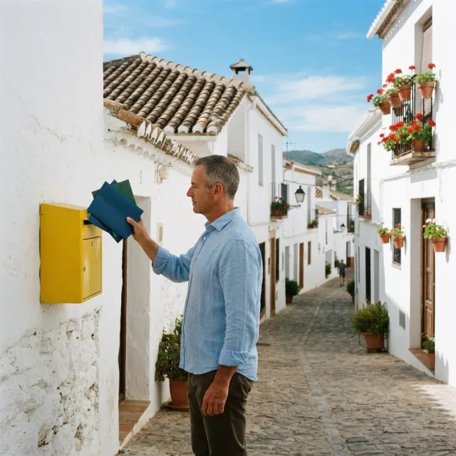 Un hombre introduce sobres de colores en un buzón amarillo en una calle soleada de un pueblo blanco español.